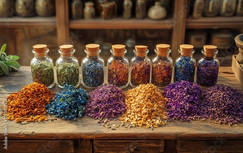 A peaceful herbalist s workspace with dried herbs