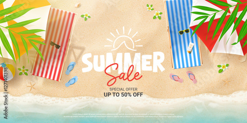 Creative summer sale banner. Vector summer template with beach, chairs, umbrellas, ball, seashells, flip flops, sea wave, tropical leaves, flowers. Ad background for promotion of summer goods, events.
