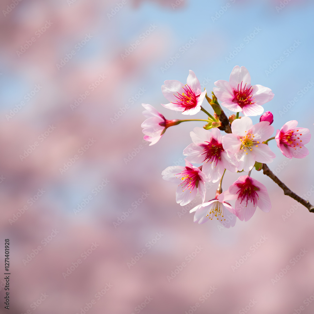 Delicate pink cherry blossom branch with blurred sakura flowers soft spring nature background romantic floral scene Delicate pink cherry blossom branch with blurred sakura flowers soft spring nature background romantic floral scene