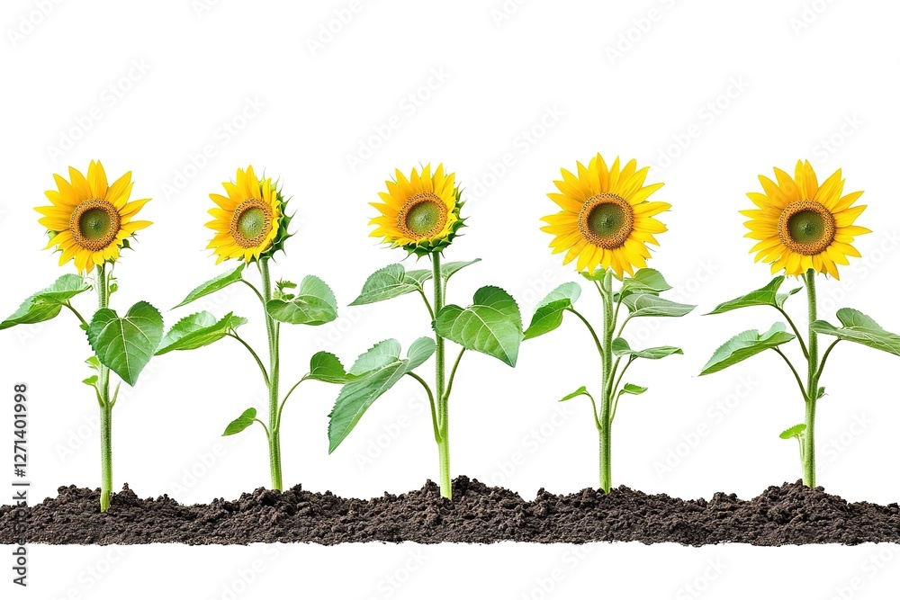Obraz premium Vibrant Sunflowers in Summer's Golden Embrace: Six majestic sunflowers, their faces turned towards the sun, stand tall amidst lush green leaves. Their bright yellow petals radiate warmth and joy, 