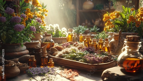 A vibrant display of natural medicine plants, essential oils, and herbal concoctions, emphasizing ancient and traditional healing methods, ultrarealistic, natural elements, 8K HDR