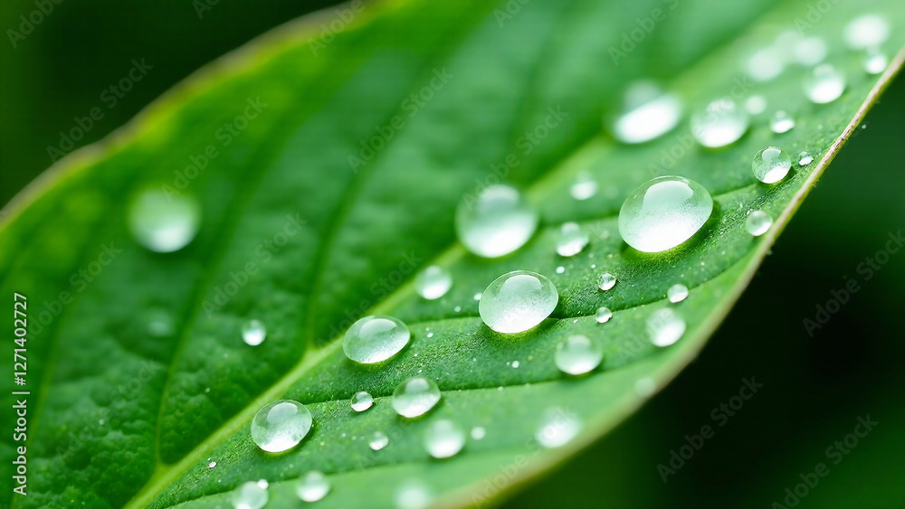 Close-up photograph of morning dew drops on a vibrant green leaf, highlighting the intricate patterns and reflections. Close-up photograph of morning dew drops on a vibrant green leaf, highlighting the intricate patterns and reflections.