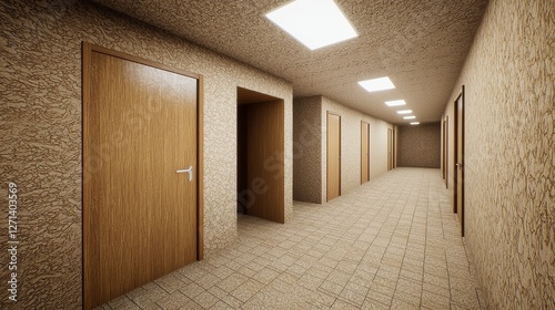 Long Brown Corridor with Wooden Doors and Textured Walls