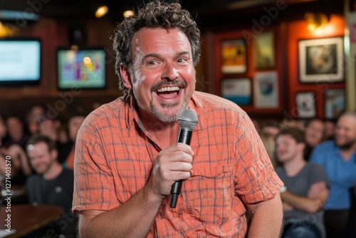 A stand-up comedian entertaining a laughing crowd in a packed comedy club