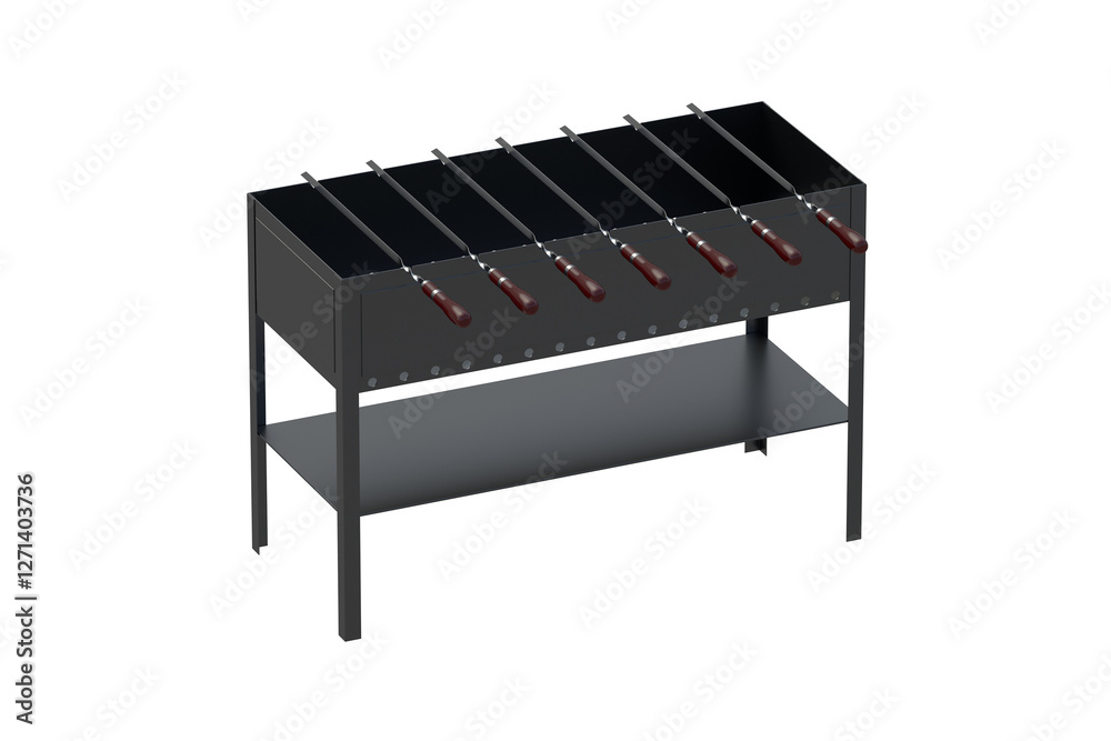 One metal brazier with skewers isolated on white background. 3d render One metal brazier with skewers isolated on white background. 3d render