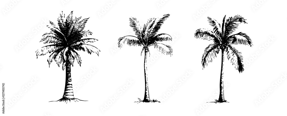 Fototapeta premium Hand Drawn Tree Illustrations On White Background With Varied Leaf Shapes For Design Purposes And Graphic Illustrations