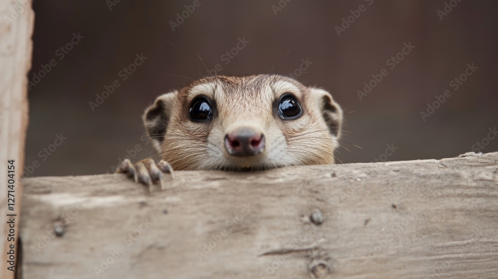 Fototapeta premium Curious small mammal peeking from behind wooden fence