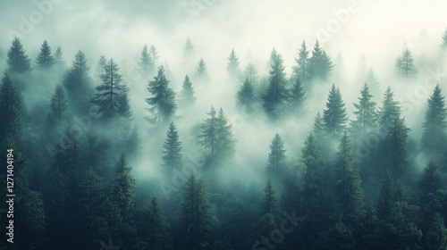 Mysterious foggy forest landscape 