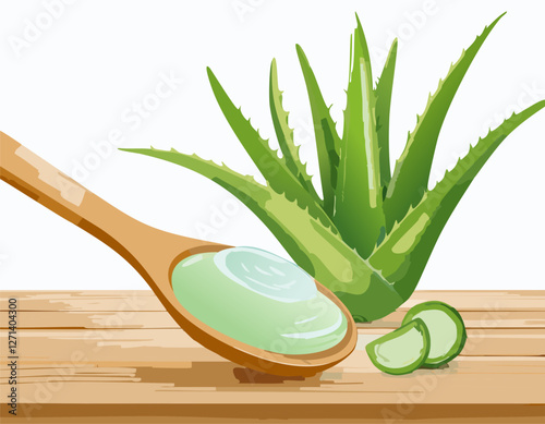 Aloe gel on wooden spoon with aloe sliced on wooden table