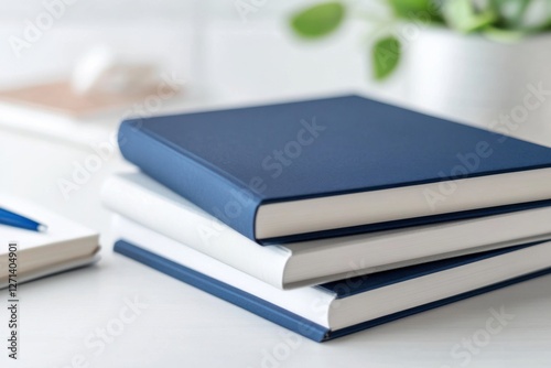 Stack of blue and white hardcover books on a desk with pen and plant in background