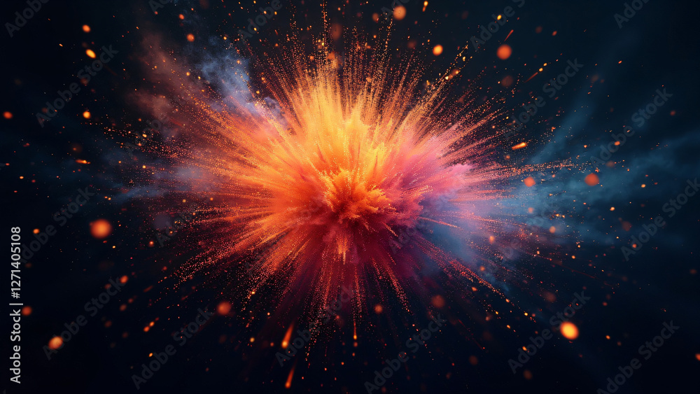 Abstract explosion of colorful particles radiating outwards with motion blur effects, set against a dark background for high contrast and energy