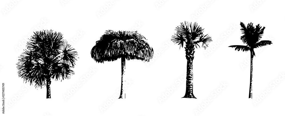 Fototapeta premium Hand Drawn Tree Illustrations On A White Background Featuring Diverse Tree Shapes And Textures With Various Details 