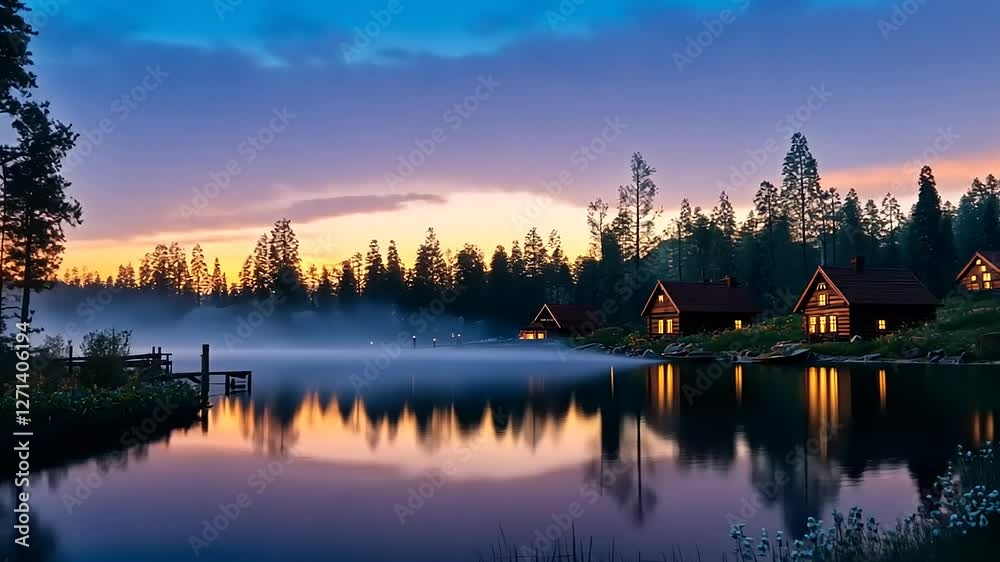 Serene lakeside cabins at sunset, reflecting warm lights on calm water with mist and trees Serene lakeside cabins at sunset, reflecting warm lights on calm water with mist and trees