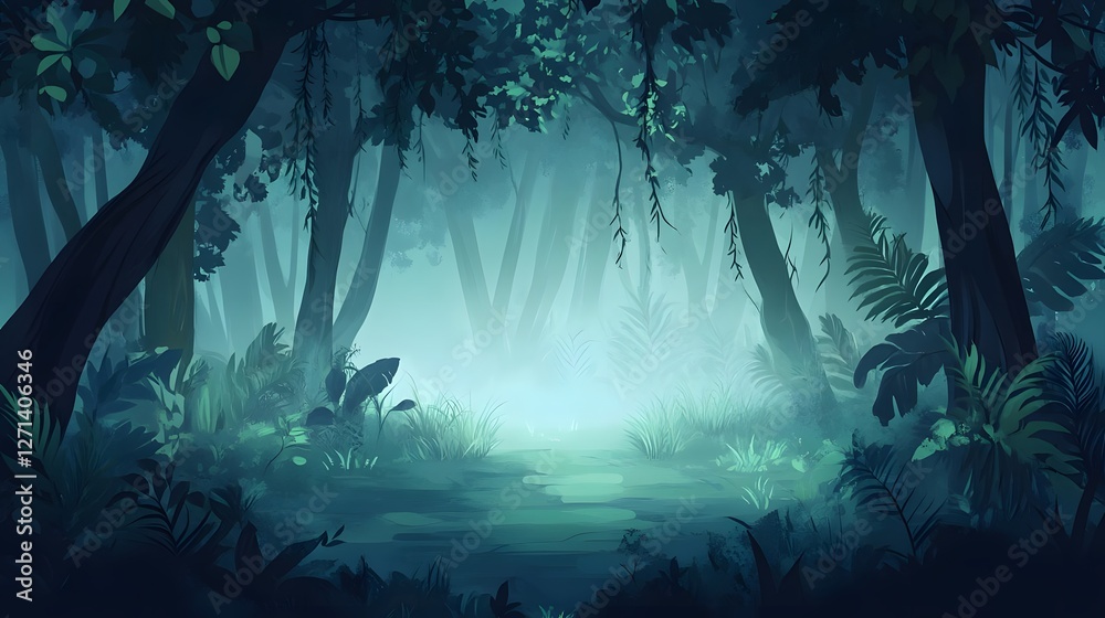 Obraz premium Enchanted forest scene with mist and lush greenery, capturing a serene atmosphere in nature