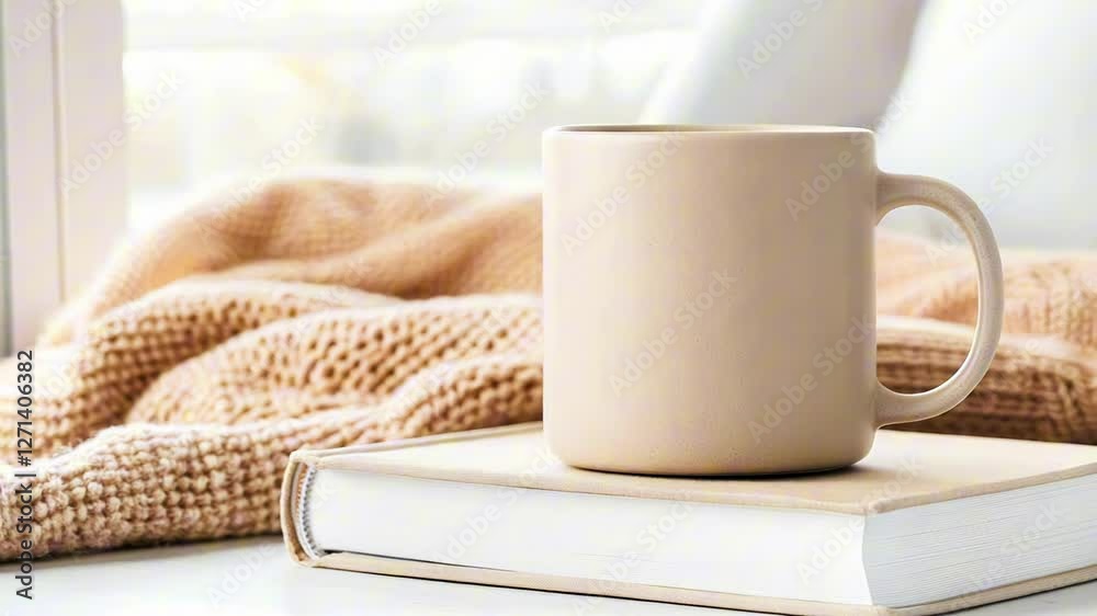 Beige mug atop a book by a window, accompanied by a soft blanket Beige mug atop a book by a window, accompanied by a soft blanket