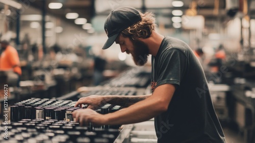 Factory worker sorting cans on production line photo