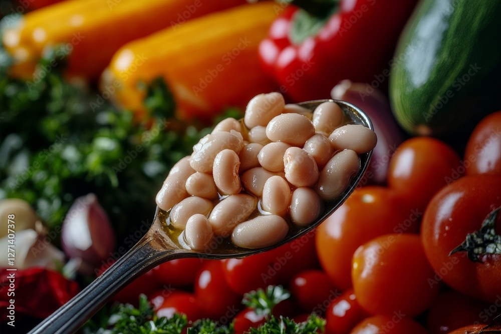 Cannellini beans in a shimmering spoonful from a stew with vibrant vegetables around Cannellini beans in a shimmering spoonful from a stew with vibrant vegetables around