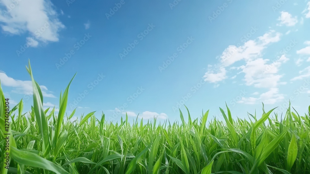 Fototapeta premium Beautiful spring or summer background with green grass and blue sky