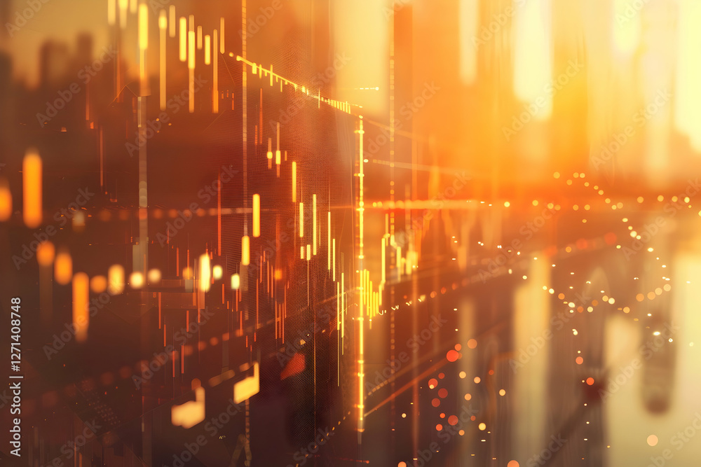 Obraz premium Abstract financial chart overlay with sunset city skyline reflecting on water