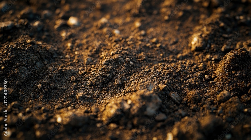 Close-Up of Dark Brown Soil Texture with Small Stones Close-Up of Dark Brown Soil Texture with Small Stones