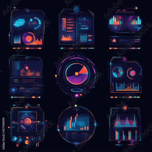 Futuristic data visualization panels displaying technology graphs and charts