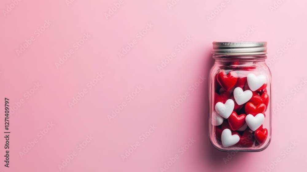 Valentine's Day background with red and white hearts in a jar on a pink pastel-colored table, flat lay top view Valentine's Day background with red and white hearts in a jar on a pink pastel-colored table, flat lay top view