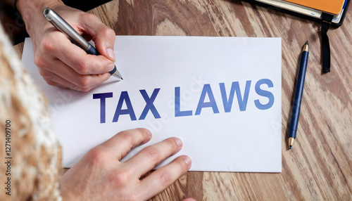 person writing on paper tax laws, Tax law on a table. Taxation concept.