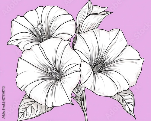 Detailed line drawing of three morning glory flowers on a mauve background photo