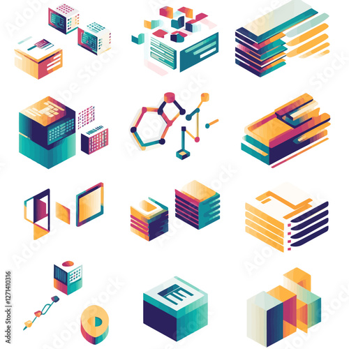 Data Structure Isometric Art: Database, Servers, Network, and Technology