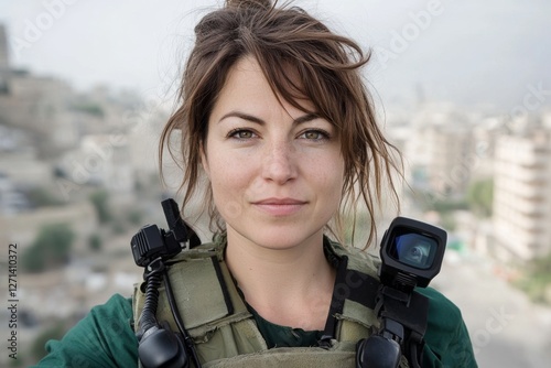 A war correspondent reporting from a conflict zone with a camera crew
