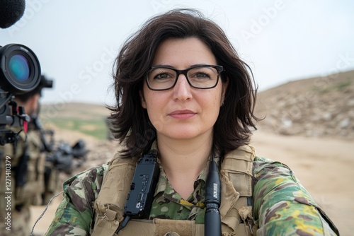 A war correspondent reporting from a conflict zone with a camera crew