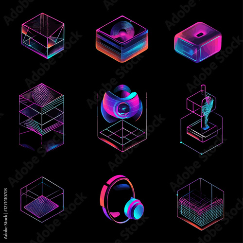 Neon Isometric Tech Objects: Abstract 3D Render with Gradient and Gridlines