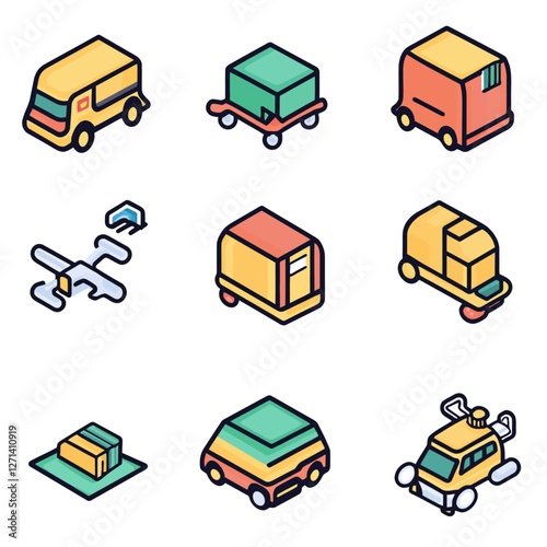 Isometric Transport Icons Set: Delivery Vehicles, Robots and Platforms