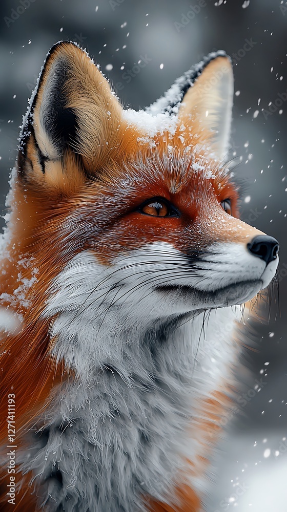 Obraz premium A close-up of a red fox standing alert in a snowy landscape, with detailed fur and expressive eyes 