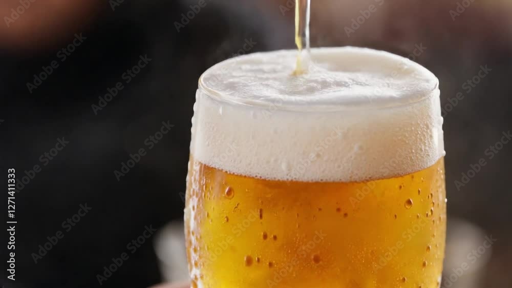 Refreshing glass of golden beer being poured, with soft foam rising, in a cozy pub setting