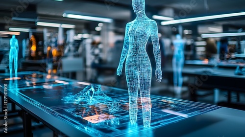 Futuristic holographic fashion catalog showcased in a modern high tech design studio with digital displays 3D projections and a sleek data driven interface