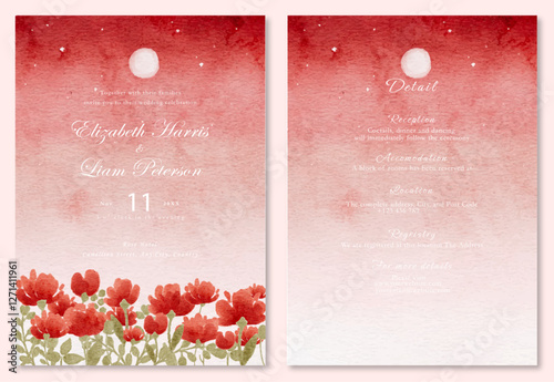 Watercolor wedding invitation with soft red sky background, moon and red flowers