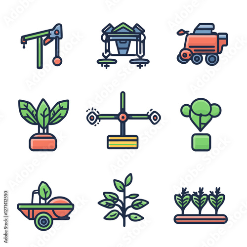 Agriculture icons showcasing farming equipment and crop cultivation steps