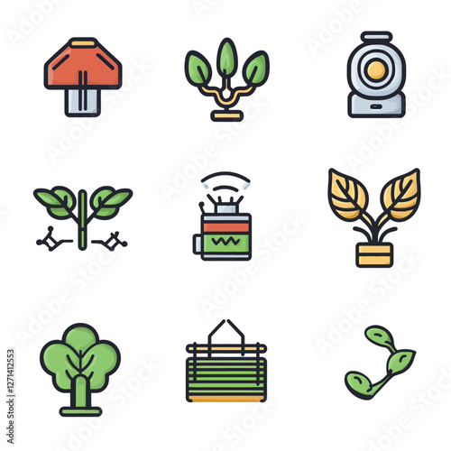 Icon set depicting plant life, camera device, radio transmitter vector