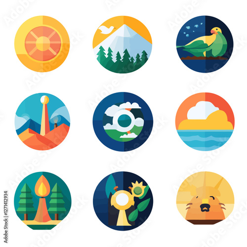 Geometric icons of nature, animals, and industry in a circle design.