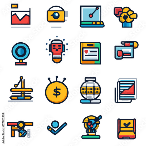 Set of Financial and Technology Icon Illustrations with Business Concepts