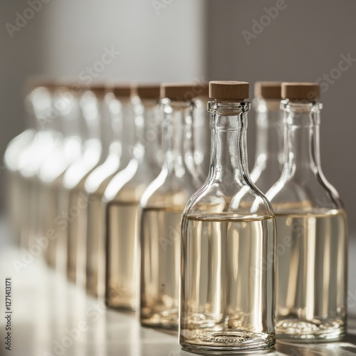 Closed glass bottles of upscale vodka transported by line --v 6.1 Job ID: ea02bfd3-3b67-4024-a20a-559f834cca25 photo