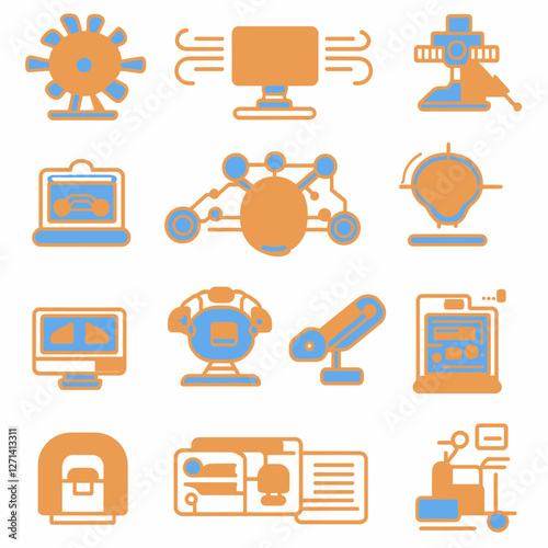 Robotic machinery icons in blue and yellow convey technological concept