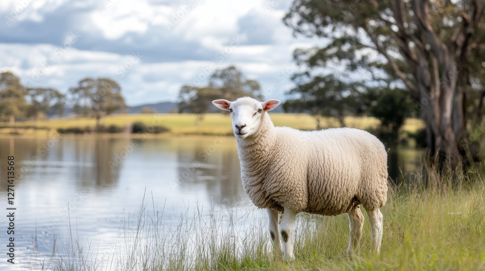 A Serene White Sheep by a Calm Waterside Meadow A Serene White Sheep by a Calm Waterside Meadow