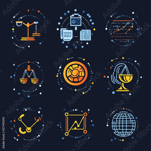 Business Data Analysis Financial Balance and Global Communication Icons