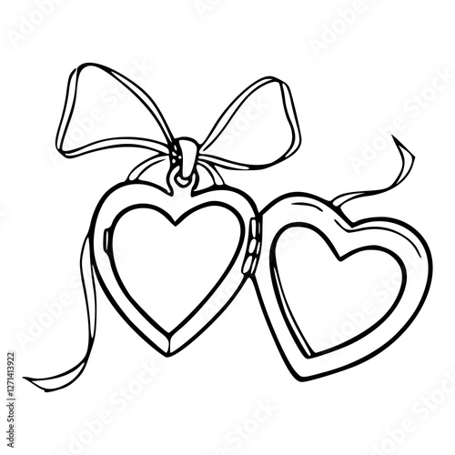 a black and white drawing of a heart shaped locket pendant with decorative ribbon