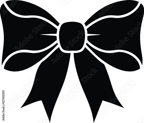 Black ribbon bow, symmetrical design, graphic silhouette, stark contrast, decorative element, gift wrapping, festive icon, stylized shape, minimalist artwork, solid black on white background, clean li