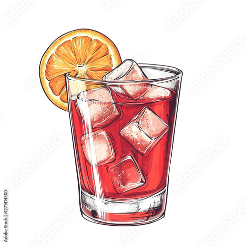 a central illustration of a glass of red cocktail with ice cubes and an orange slice, stylized as a graphic design, transparent background, PNG