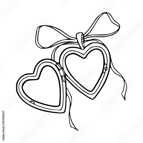 a black and white drawing of a heart shaped locket pendant with decorative ribbon