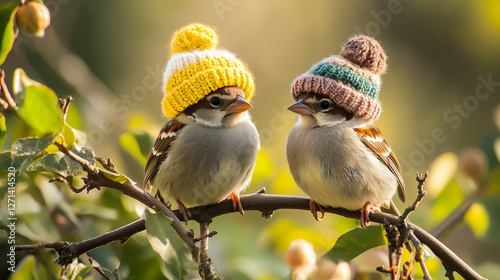 Two sparrow birds sitting on a tree wearing funny knitted hats. World Sparrow Day concept. photo